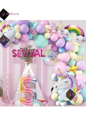 Store 6 Harfli 5 Yaş Gökkuşağı Konsepti Unicorn Temalı Makaron Balon Doğum Günü Parti Kutlama Seti