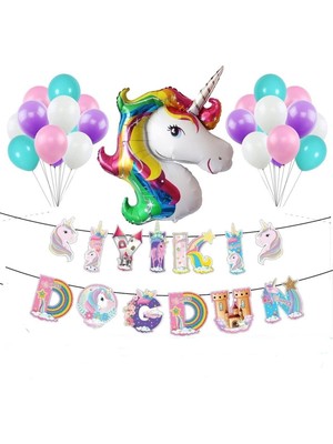 Store Karakter Unicorn Uzar Yazılı Doğum Günü Süsü Unicorn Balon Doğum Günü Parti Seti