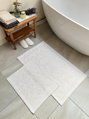 Bluenity Raya Damask  Doğal Pamuklu 2'li Banyo Paspas Seti 60X100+50X60 cm - Beyaz