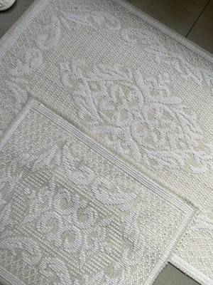 Bluenity Raya Damask  Doğal Pamuklu 2'li Banyo Paspas Seti 60X100+50X60 cm - Beyaz