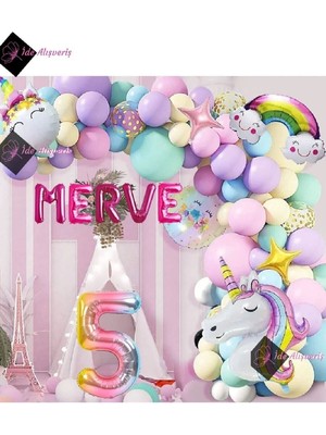 Store 5 Harfli 5 Yaş Gökkuşağı Konsepti Unicorn Temalı Makaron Balon Doğum Günü Parti Kutlama Seti