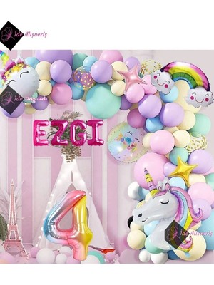 Store 4 Yaş ve 4 Harfli Gökkuşağı Konsepti Unicorn Temalı Makaron Balon Doğum Günü Parti Kutlama Seti