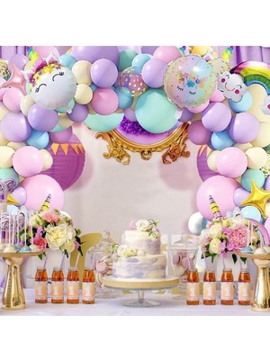 Store 4 Yaş ve 4 Harfli Gökkuşağı Konsepti Unicorn Temalı Makaron Balon Doğum Günü Parti Kutlama Seti