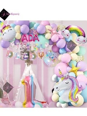 Store 3 Harfli 1 Yaş Karakterli Unicorn Temalı Iyi Ki Doğdun Makaron Balon Doğum Günü Parti Kutlama Seti