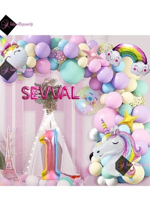 Store 6 Harfli 1 Yaş Gökkuşağı Konsepti Unicorn Temalı Makaron Balon Doğum Günü Parti Kutlama Seti