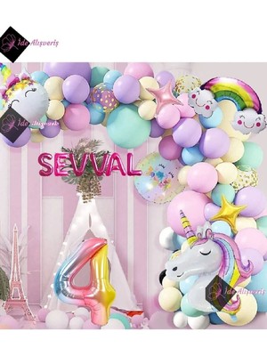 Store 6 Harfli 4 Yaş Gökkuşağı Konsepti Unicorn Temalı Makaron Balon Doğum Günü Parti Kutlama Seti