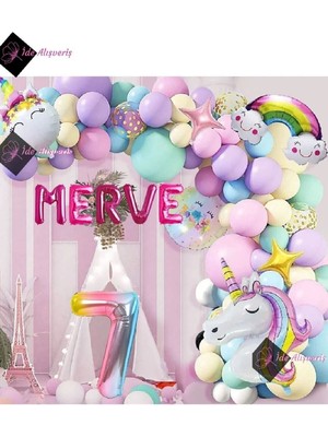 Store 5 Harfli 7 Yaş Gökkuşağı Konsepti Unicorn Temalı Makaron Balon Doğum Günü Parti Kutlama Seti