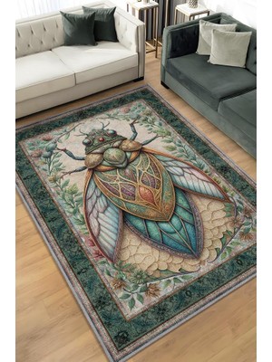 Homshtag Nuh'un Gemisi Koleksiyonu Ağustos Böceği Temalı Çiçekli Çok Renkli Bordürlü Konsept Halı