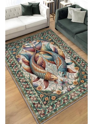 Homshtag Nuh'un Gemisi Koleksiyonu Japon Balığı Temalı Çiçekli Soft Renkli Bordürlü Konsept Halı