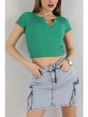 Zambak Moda 3 Renk Fitilli Çıtçıt Düğmeli Likralı Kumaş Kısa Kollu Crop T-Shirt Siyahbeyazyeşil