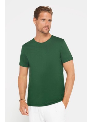 Tudors Erkek Slim Fit Dar Kesim Pamuklu Yumuşak Dokulu Esnek Kumaş Düz Basic Yeşil Bisiklet Yaka T-Shirt