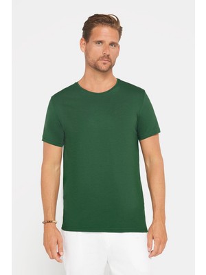 Tudors Erkek Slim Fit Dar Kesim Pamuklu Yumuşak Dokulu Esnek Kumaş Düz Basic Yeşil Bisiklet Yaka T-Shirt