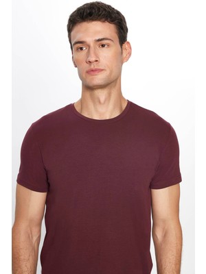 Tudors Erkek Slim Fit Dar Kesim Pamuklu Yumuşak Dokulu Esnek Kumaş Düz Basic Bordo Bisiklet Yaka T-Shirt