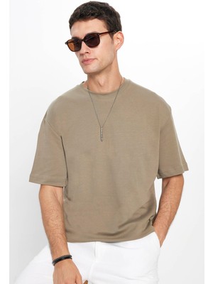 Tudors Unisex Oversize Geniş Kesim %100 Pamuk Yumuşak Dokulu Basic Bisiklet Yaka Haki Tişört