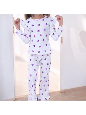 Lolli Boom Kids  Yeni Sezon Kız Çocuk Fitilli Alt Üst Ekru Üzeri Mor Çiçek Desenli Pijama Takımı Uzun