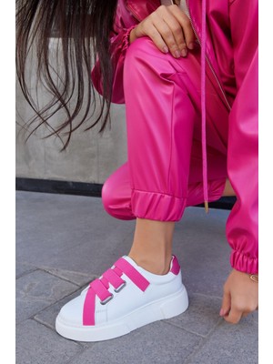 Nilufarr Patty Beyaz Deri Pembe Lastikli Kadın Sneaker