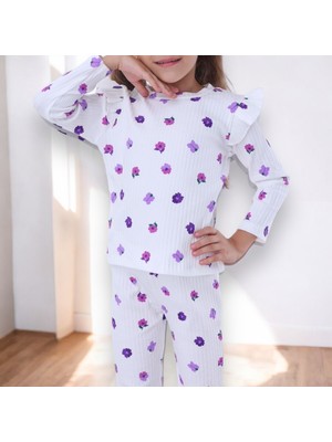 Lolli Boom Kids  Yeni Sezon Kız Çocuk Fitilli Alt Üst Ekru Üzeri Mor Çiçek Desenli Pijama Takımı Uzun