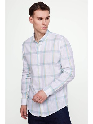 Tudors Erkek Slim Fit Dar Kesim Uzun Kollu %100 Pamuk Keten Doku Kareli Düğmeli Yaka Beyaz Gömlek