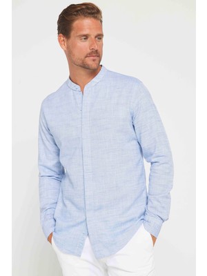 Tudors Erkek Slim Fit Dar Kesim Uzun Kollu %100 Pamuk Keten Doku Armürlü Lacivert Hakim Yaka Gömlek