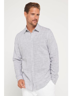 Tudors Erkek Slim Fit Dar Kesim Uzun Kollu %100 Pamuk Keten Doku Apoletli Gri Gömlek