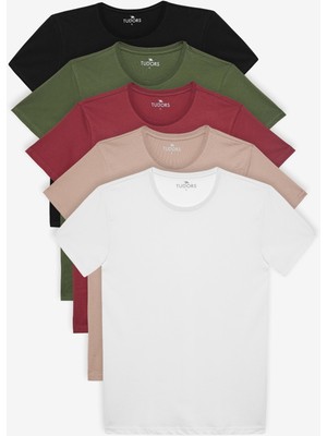 Tudors Unisex 5'li Paket Siyah-Beyaz-Haki-Bordo-Vizon Slim Fit Dar Kesim %100 Pamuk Bisiklet Yaka T-Shirt