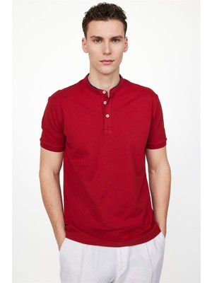 Erkek Slim Fit Dar Kesim %100 Pamuk Düz Pike Bordo Hakim Yaka Tişört