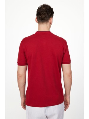 Erkek Slim Fit Dar Kesim %100 Pamuk Düz Pike Bordo Hakim Yaka Tişört