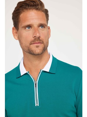 Tudors Erkek Slim Fit Dar Kesim %100 Pamuk Düz Pike Fermuarlı Yeşil Polo Yaka T-Shirt