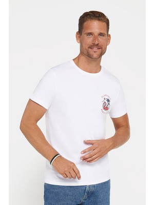 Tudors Erkek Slim Fit Dar Kesim %100 Pamuk Yumuşak Dokulu Baskılı Beyaz Bisiklet Yaka T-Shirt