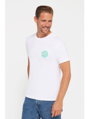Tudors Erkek Slim Fit Dar Kesim %100 Pamuk Yumuşak Dokulu Baskılı Beyaz Bisiklet Yaka T-Shirt