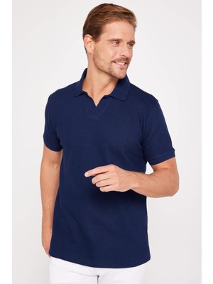 Tudors Erkek Slim Fit Dar Kesim %100 Pamuk Düz Pike Lacivert Polo Yaka T-Shirt