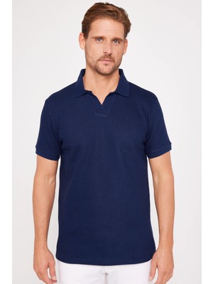 Tudors Erkek Slim Fit Dar Kesim %100 Pamuk Düz Pike Lacivert Polo Yaka T-Shirt