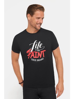 Tudors Erkek Slim Fit Dar Kesim %100 Pamuk Yumuşak Dokulu Baskılı Siyah Bisiklet Yaka T-Shirt