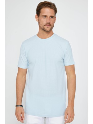 Tudors Erkek Slim Fit Dar Kesim %100 Pamuk Yumuşak Dokulu Desenli Mavi Bisiklet Yaka T-Shirt