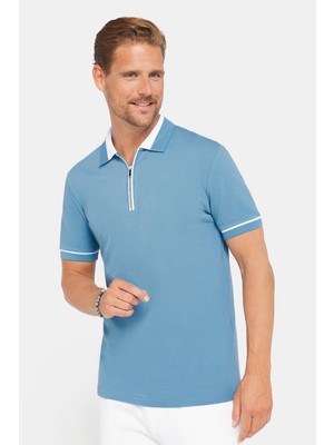 Tudors Erkek Slim Fit Dar Kesim %100 Pamuk Düz Pike Fermuarlı Mavi Polo Yaka T-Shirt