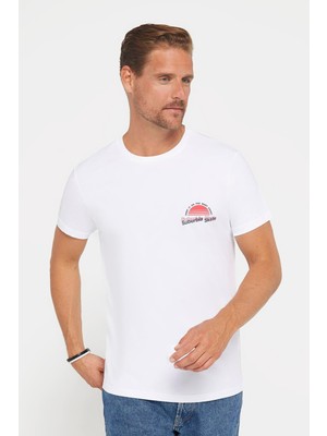 Tudors Erkek Slim Fit Dar Kesim %100 Pamuk Yumuşak Dokulu Baskılı Beyaz Bisiklet Yaka T-Shirt