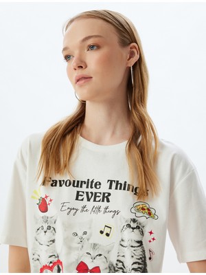 Koton Oversize T-Shirt Kedi Baskılı Bisiklet Yaka Kısa Kollu Pamuklu