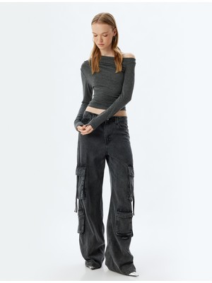 Koton Uzun Kollu Bluz Drapeli Kayık Yaka Omzu Açık Slim Fit