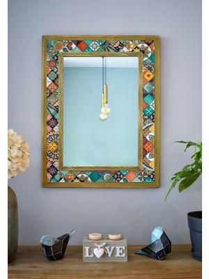 Stone World El Yapımı Masif Ahşap &  Desenli Mermer Çerçeveli Duvar Aynası 48x63 cm - 015.1