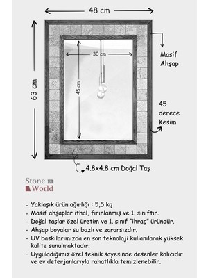 Stone World Flower Temalı Desenli Mermer Dekoratif Ayna 48x63cm - 065.1