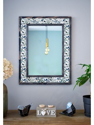 Stone World El Yapımı Masif Ahşap &  Desenli Mermer Çerçeveli Duvar Aynası 48x63 cm - 012.1