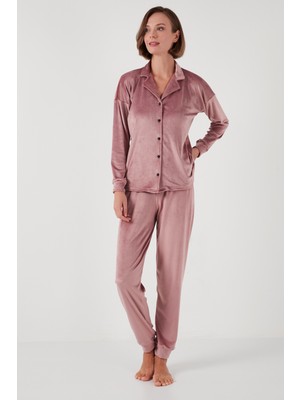 Lela Regular Fit Parlak Kadife Ribanalı Pijama Takımı Bayan Pijama Takımı 6097110