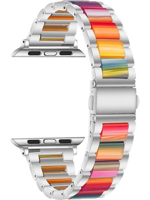 Quse Apple Watch Seri SE/11/10/9/8/7/6/5/4/3 ile Uyumlu 46MM-45MM-44MM Seramik Reçine Metal Kordon Rainbow