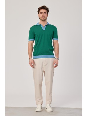 Yakası Çizgili Triko Kumaş Mavi Yeşil Tshirt