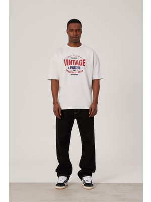 Vintage League Önü Baskılı Beyaz Tshirt