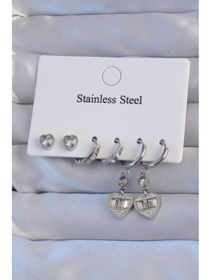 Clariss 316L Çelik Gümüş Renk Zirkon Taşlı Kalp Model Halka Küpe Seti