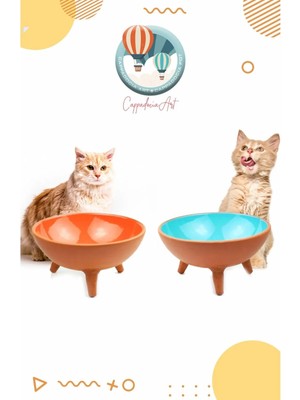 Cappadocia Pottery 2'li Ayaklı Kedi Köpek Çömlek Mama ve Su Kabı (Içi Sırlı, Organik)