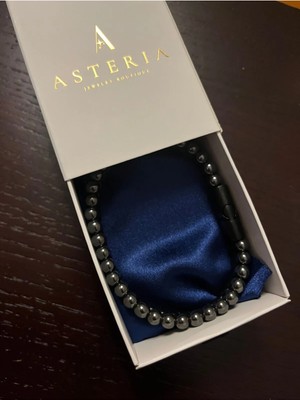 Asteria Jewelry Hematit Doğal Taş ve Deri Detaylı Modern Erkek Çelik Bileklik