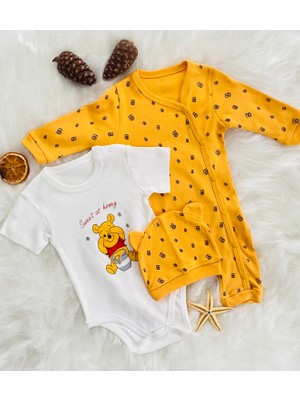 Coşay Bebe Winnie The Pooh Baskılı Badili Tulum ve Şapka 3'lü Bebek Takım