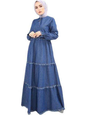 Zy Plus Mavi Kot Uzun Kollu Boydan Yazlık Elbise